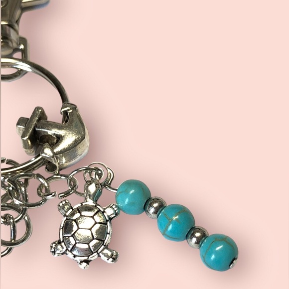 Hand Crafted Seaside Silver & Blue Beaded Keychain W/ Faux Pearl & Charms - Picture 5 of 5